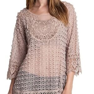 Umgee USA Women's Medium Crochet Lace Knit‎ Top in Mocha